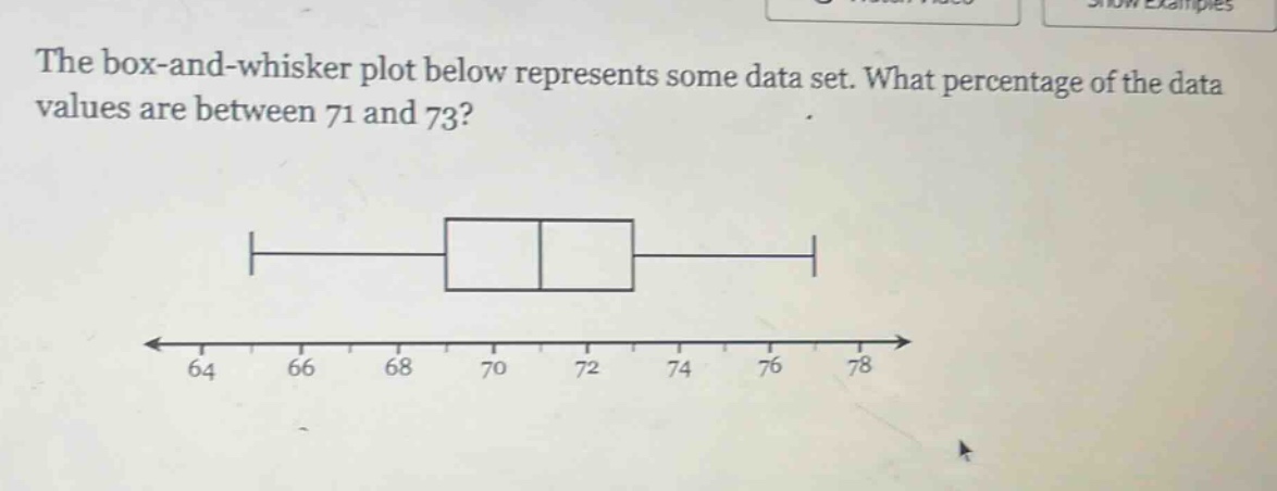 the box - and - whisker plot below represents some data set. what percentage of the data values are between 71 and 73?