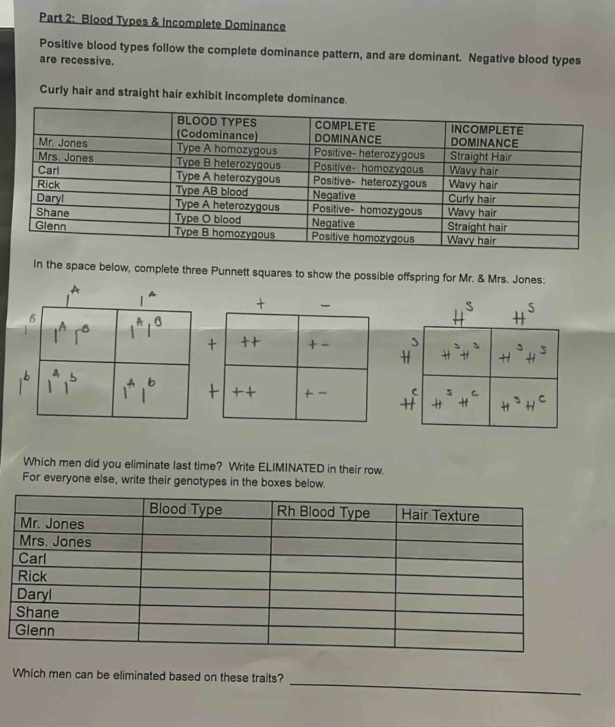 part 2: blood types & incomplete dominance positive blood types follow the complete dominance pattern, and are dominant. negative blood types are recessive. curly hair and straight hair exhibit incomplete dominance. in the space below, complete three punnett squares to show the possible offspring for mr. & mrs. jones: which men did you eliminate last time? write eliminated in their row. for everyone else, write their genotypes in the boxes below. which men can be eliminated based on these traits?