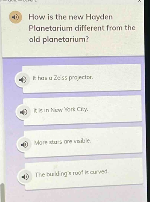 how is the new hayden planetarium different from the old planetarium? it has a zeiss projector. it is in new york city. more stars are visible. the building’s roof is curved.