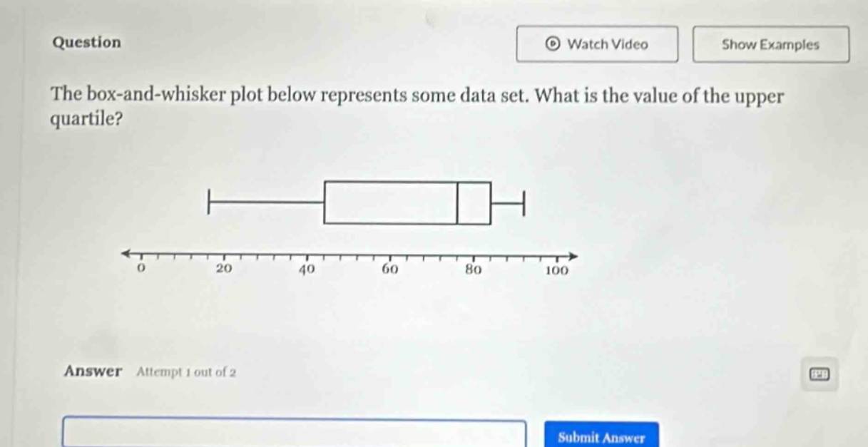 question the box - and - whisker plot below represents some data set. what is the value of the upper quartile? answer attempt 1 out of 2