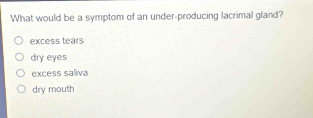 what would be a symptom of an under - producing lacrimal gland?\no excess tears\no dry eyes\no excess saliva\no dry mouth