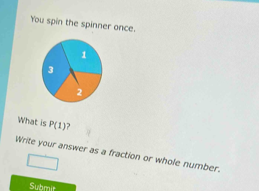you spin the spinner once. what is p(1)? write your answer as a fraction or whole number.