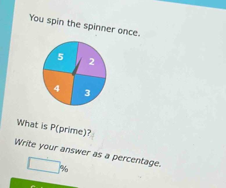 you spin the spinner once. what is p(prime)? write your answer as a percentage. %