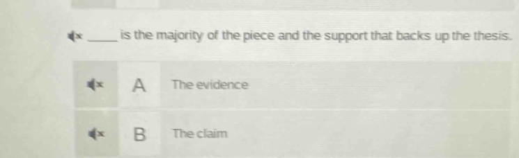 ____ is the majority of the piece and the support that backs up the thesis. a the evidence b the claim