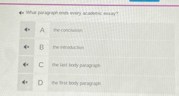 what paragraph ends every academic essay? a the conclusion b the introduction c the last body paragraph d the first body paragraph