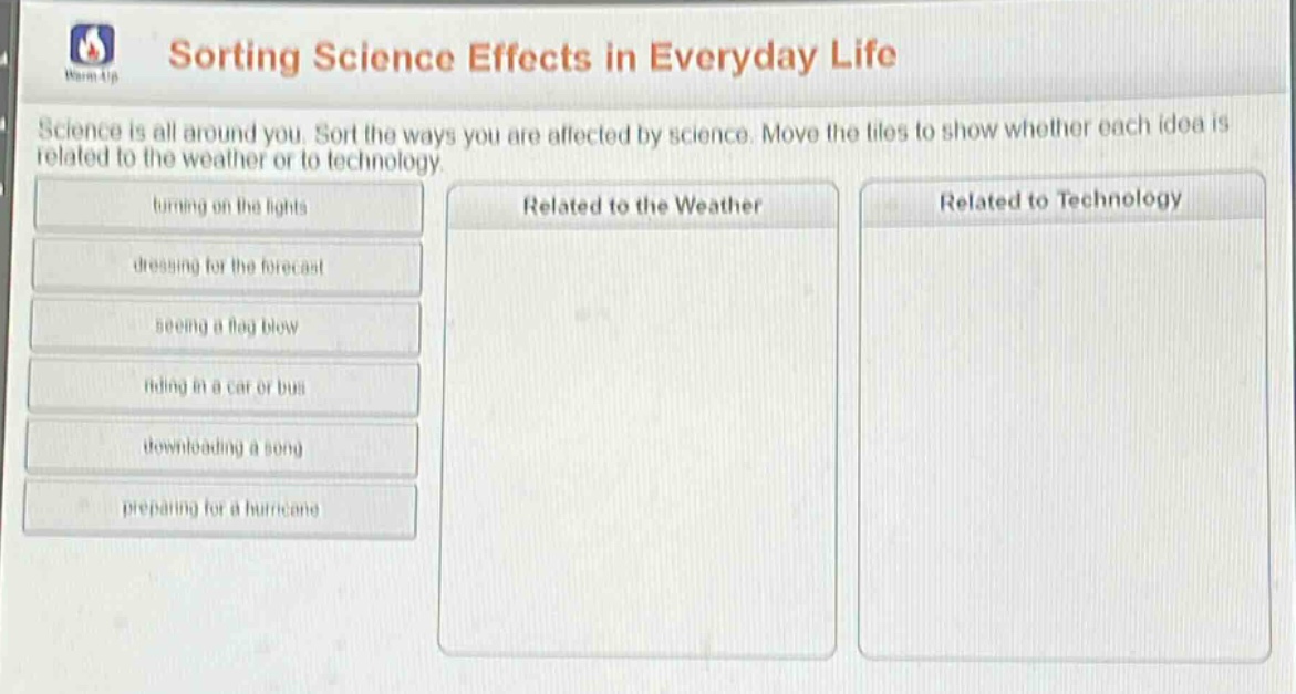 sorting science effects in everyday life\nscience is all around you. sort the ways you are affected by science. move the tiles to show whether each idea is related to the weather or to technology.\nturning on the lights\ndressing for the forecast\nseeing a flag blow\nriding in a car or bus\ndownloading a song\npreparing for a hurricane\nrelated to the weather\nrelated to technology