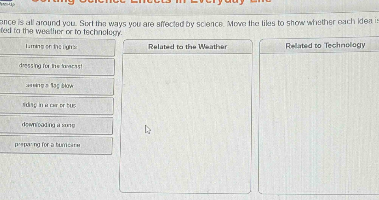 science is all around you. sort the ways you are affected by science. move the tiles to show whether each idea is related to the weather or to technology. turning on the lights dressing for the forecast seeing a flag blow riding in a car or bus downloading a song preparing for a hurricane related to the weather related to technology