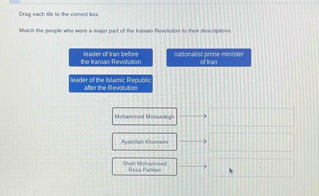 drag each tile to the correct box. match the people who were a major part of the iranian revolution to their descriptions. leader of iran before the iranian revolution nationalist prime minister of iran leader of the islamic republic after the revolution mohammed mossadegh ayatollah khomeini shah mohammed reza pahlavi