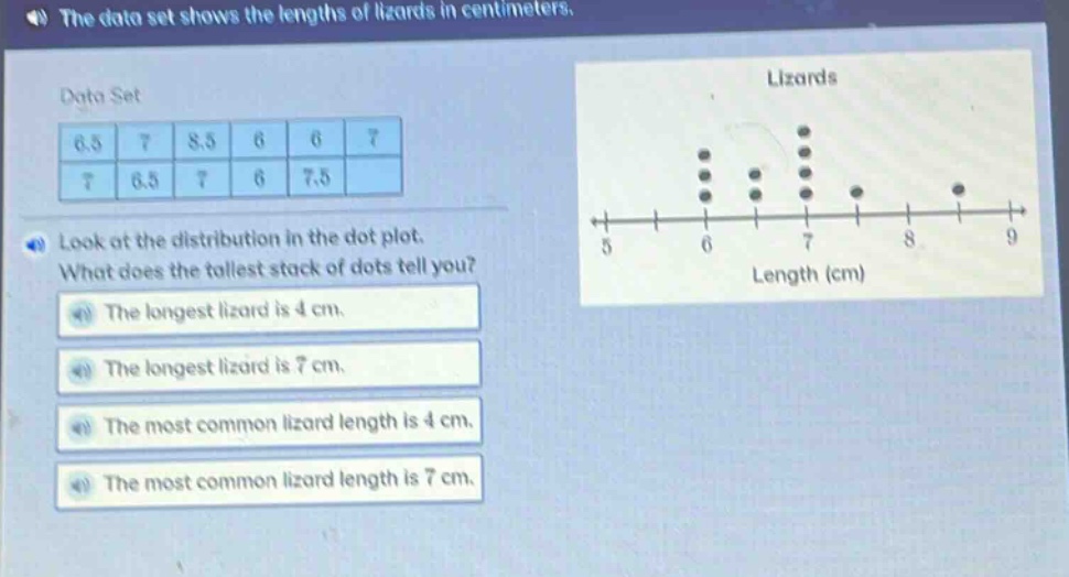 the data set shows the lengths of lizards in centimeters. data set 6.5 7 8.5 6 6 7 7 6.5 7 6 7.5 look at the distribution in the dot - plot. what does the tallest stack of dots tell you? the longest lizard is 4 cm. the longest lizard is 7 cm. the most common lizard length is 4 cm. the most common lizard length is 7 cm.