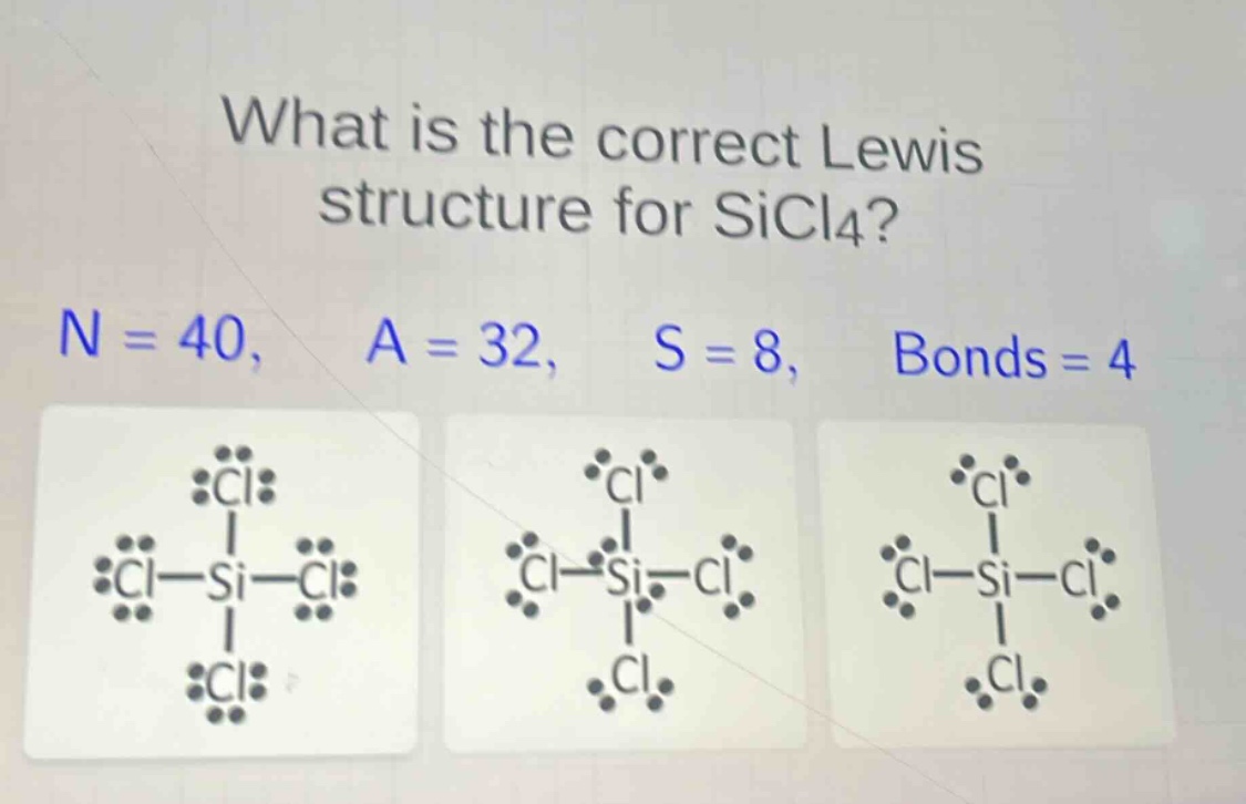 what is the correct lewis structure for sicl4? n = 40, a = 32, s = 8, bonds = 4