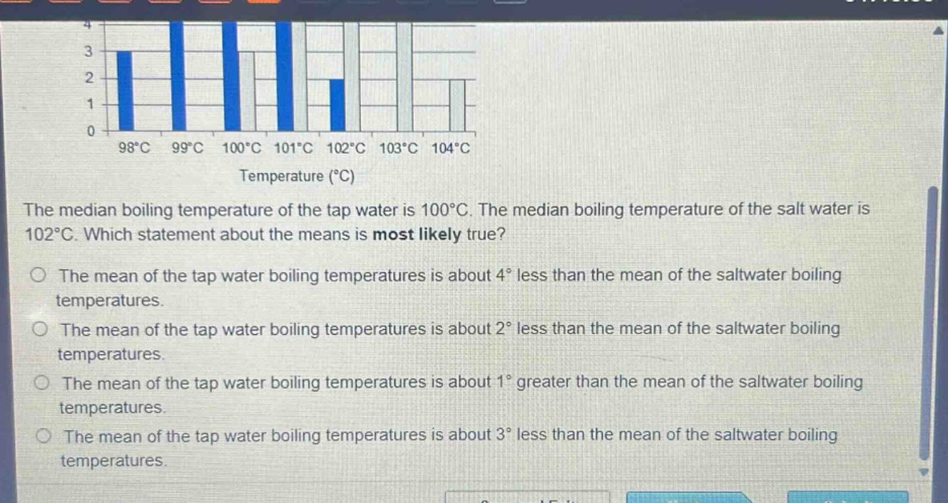 the median boiling temperature of the tap water is 100°c. the median boiling temperature of the salt water is 102°c. which statement about the means is most likely true? the mean of the tap water boiling temperatures is about 4° less than the mean of the saltwater boiling temperatures. the mean of the tap water boiling temperatures is about 2° less than the mean of the saltwater boiling temperatures. the mean of the tap water boiling temperatures is about 1° greater than the mean of the saltwater boiling temperatures. the mean of the tap water boiling temperatures is about 3° less than the mean of the saltwater boiling temperatures.