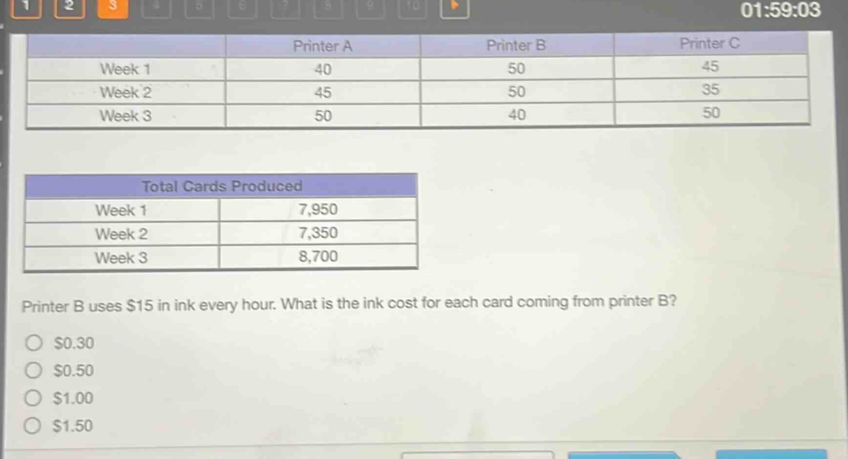 printer a printer b printer c week 1 40 50 45 week 2 45 50 35 week 3 50 40 50 total cards produced week 1 7,950 week 2 7,350 week 3 8,700 printer b uses $15 in ink every hour. what is the ink cost for each card coming from printer b? $0.30 $0.50 $1.00 $1.50