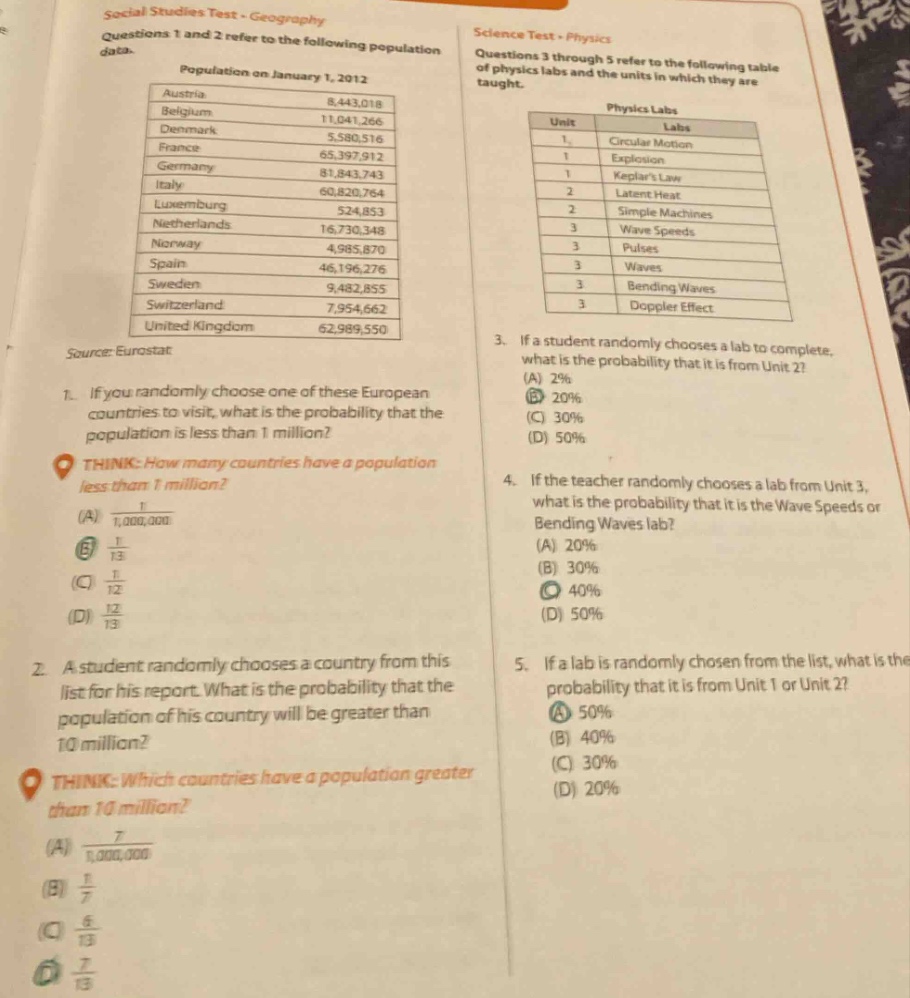 social studies test - geography\nquestions 1 and 2 refer to the following population data.\npopulation on january 1, 2012\naustria 8,443,018\nbelgium 11,041,266\ndenmark 5,580,516\nfrance 65,397,912\ngermany 81,843,743\nitaly 60,820,764\nluxemburg 524,853\nnetherlands 16,730,348\nnorway 4,985,870\nspain 46,196,276\nsweden 9,482,855\nswitzerland 7,954,662\nunited kingdom 62,989,550\nsource: eurostat\n1. if you randomly choose one of these european countries to visit, what is the probability that the population is less than 1 million?\nthink: how many countries have a population less than 1 million?\n(a) 1/1,000,000\n(b) 1/13\n(c) 1/12\n(d) 12/13\n2. a student randomly chooses a country from this list for his report. what is the probability that the population of his country will be greater than 10 million?\nthink: which countries have a population greater than 10 million?\n(a) 1/1,000,000\n(b) 1/7\n(c) 6/13\n(d) 7/13\nscience test - physics\nquestions 3 through 5 refer to the following table of physics labs and the units in which they are taught.\nphysics labs\nunits labs\n1 circular motion\n1 explosion\n1 keplers law\n2 latent heat\n2 simple machines\n3 wave speeds\n3 pulses\n3 waves\n3 bending waves\n3 doppler effect\n3. if a student randomly chooses a lab to complete, what is the probability that it is from unit 2?\n(a) 2%\n(b) 20%\n(c) 30%\n(d) 50%\n4. if the teacher randomly chooses a lab from unit 3, what is the probability that it is the wave speeds or bending waves lab?\n(a) 20%\n(b) 30%\n(c) 40%\n(d) 50%\n5. if a lab is randomly chosen from the list, what is the probability that it is from unit 1 or unit 2?\n(a) 50%\n(b) 40%\n(c) 30%\n(d) 20%