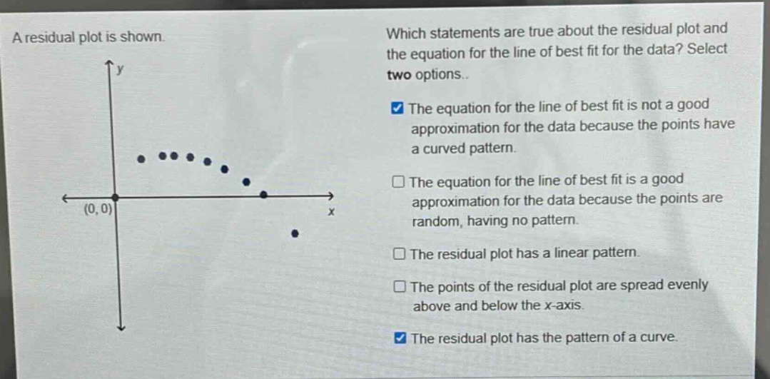 a residual plot is shown. which statements are true about the residual plot and the equation for the line of best fit for the data? select two options. the equation for the line of best fit is not a good approximation for the data because the points have a curved pattern. the equation for the line of best fit is a good approximation for the data because the points are random, having no pattern. the residual plot has a linear pattern. the points of the residual plot are spread evenly above and below the x - axis. the residual plot has the pattern of a curve.