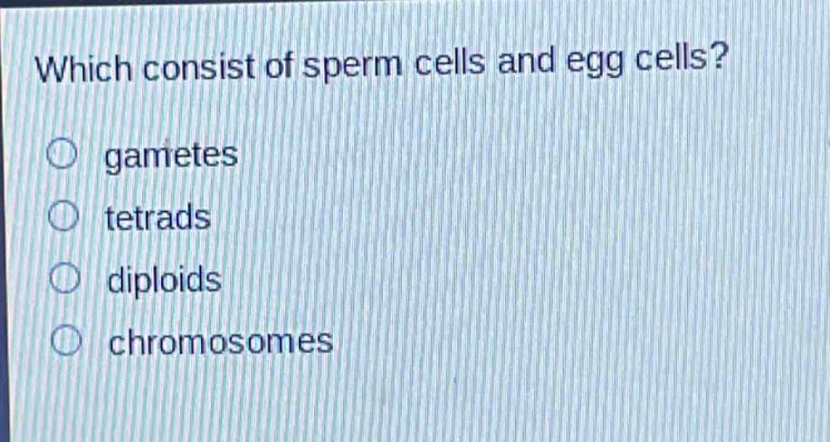 which consist of sperm cells and egg cells?\ngametes\ntetrads\ndiploids\nchromosomes