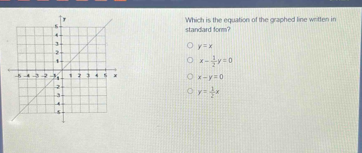 which is the equation of the graphed line written in standard form?\no y = x\no x - 1/2y = 0\no x - y = 0\no y = 1/2x