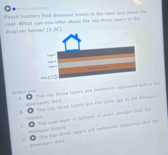 fossil hunters find dinosaur bones in the layer just above the coal. what can you infer about the top three layers in the diagram below? 5.3c select one: a. the top three layers are sediments deposited before the dinosaurs died. b. the top three layers are the same age as the dinosaur fossils. c. the coal layer is millions of years younger than the dinosaur fossils. d. the top three layers are sediments deposited after the dinosaurs died.
