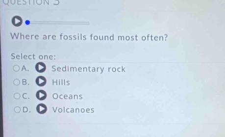 question 5 where are fossils found most often? select one: a. sedimentary rock b. hills c. oceans d. volcanoes