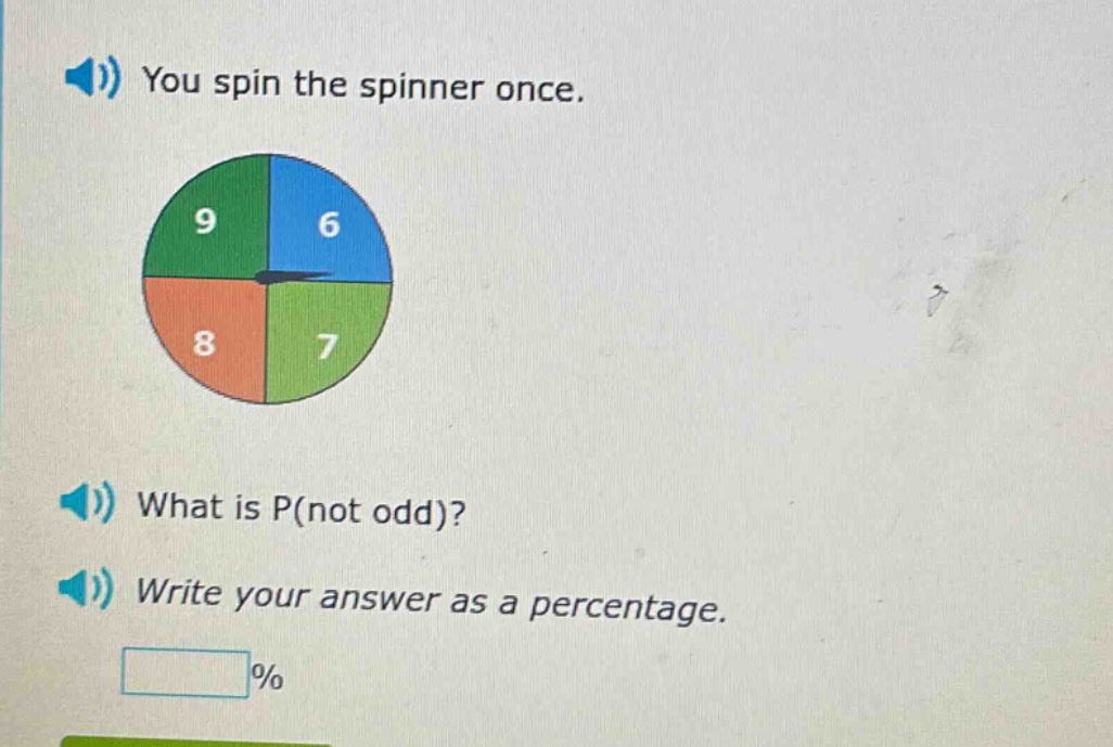 you spin the spinner once. what is p(not odd)? write your answer as a percentage.