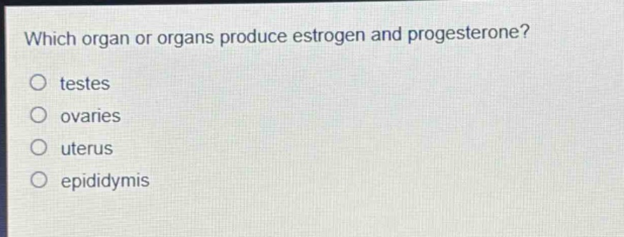 which organ or organs produce estrogen and progesterone?\no testes\no ovaries\no uterus\no epididymis