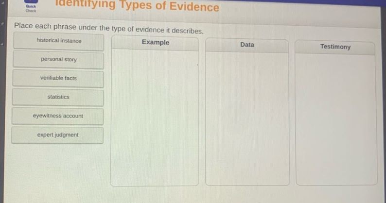 identifying types of evidence\nplace each phrase under the type of evidence it describes.\nhistorical instance\npersonal story\nverifiable facts\nstatistics\neyewitness account\nexpert judgment\nexample\ndata\ntestimony