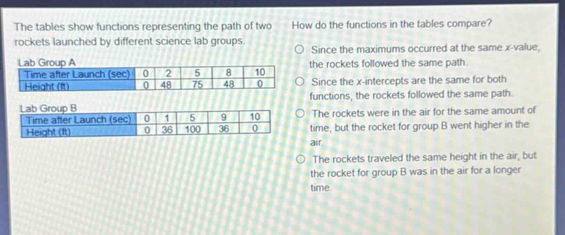 the tables show functions representing the path of two rockets launched by different science lab groups. lab group a time after launch (sec) 0 2 5 8 10 height (ft) 0 48 75 48 0 lab group b time after launch (sec) 0 1 5 9 10 height (ft) 0 36 100 36 0 how do the functions in the tables compare? since the maximums occurred at the same x - value, the rockets followed the same path. since the x - intercepts are the same for both functions, the rockets followed the same path. the rockets were in the air for the same amount of time, but the rocket for group b went higher in the air. the rockets traveled the same height in the air, but the rocket for group b was in the air for a longer time.