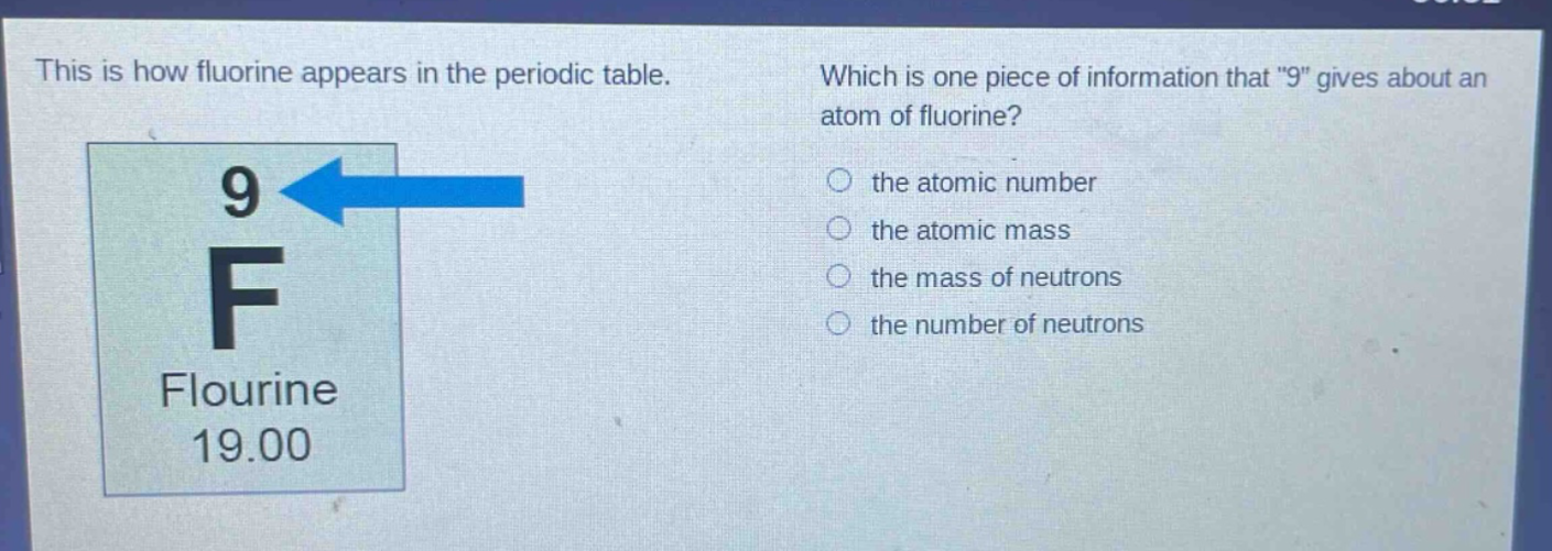 this is how fluorine appears in the periodic table. which is one piece of information that \9\ gives about an atom of fluorine? the atomic number the atomic mass the mass of neutrons the number of neutrons
