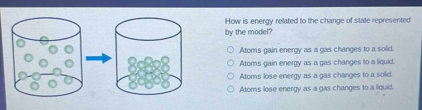 how is energy related to the change of state represented by the model? atoms gain energy as a gas changes to a solid. atoms gain energy as a gas changes to a liquid. atoms lose energy as a gas changes to a solid. atoms lose energy as a gas changes to a liquid.