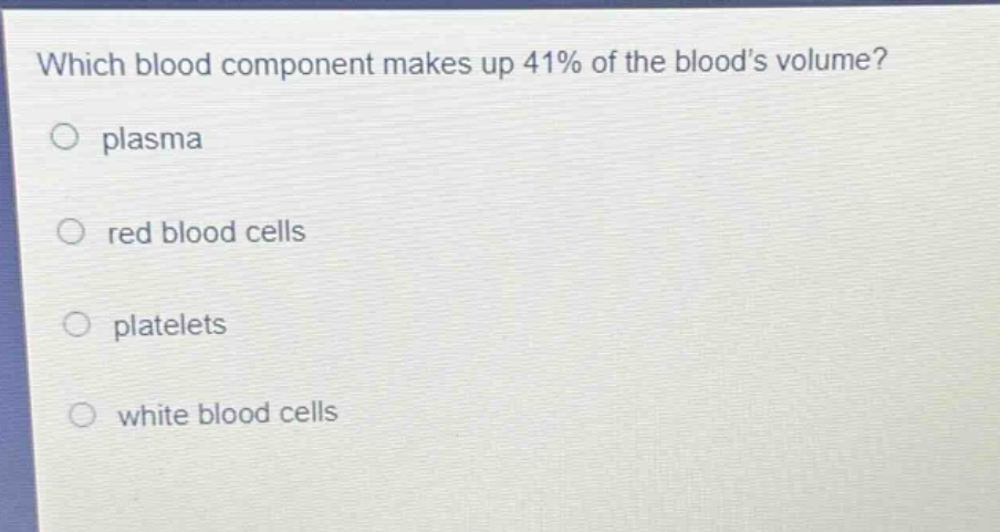which blood component makes up 41% of the bloods volume?\nplasma\nred blood cells\nplatelets\nwhite blood cells