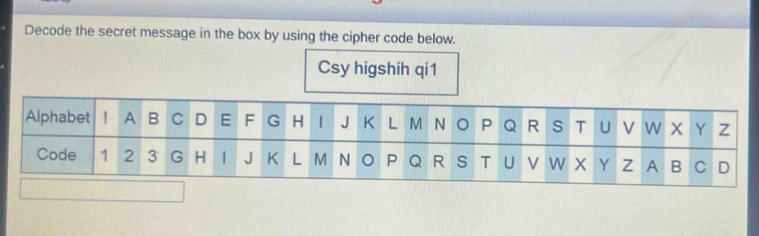 decode the secret message in the box by using the cipher code below. csy higshih qi1 alphabet! a b c d e f g h i j k l m n o p q r s t u v w x y z code 1 2 3 g h i j k l m n o p q r s t u v w x y z a b c d