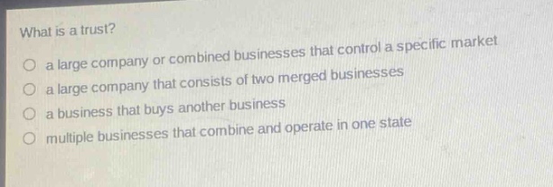 what is a trust?\n a large company or combined businesses that control a specific market\n a large company that consists of two merged businesses\n a business that buys another business\n multiple businesses that combine and operate in one state