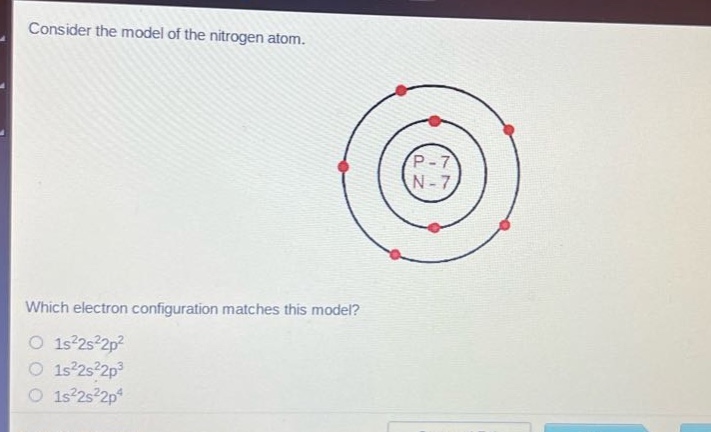 consider the model of the nitrogen atom. which electron - configuration matches this model? 1s²2s²2p² 1s²2s²2p³ 1s²2s²2p⁴