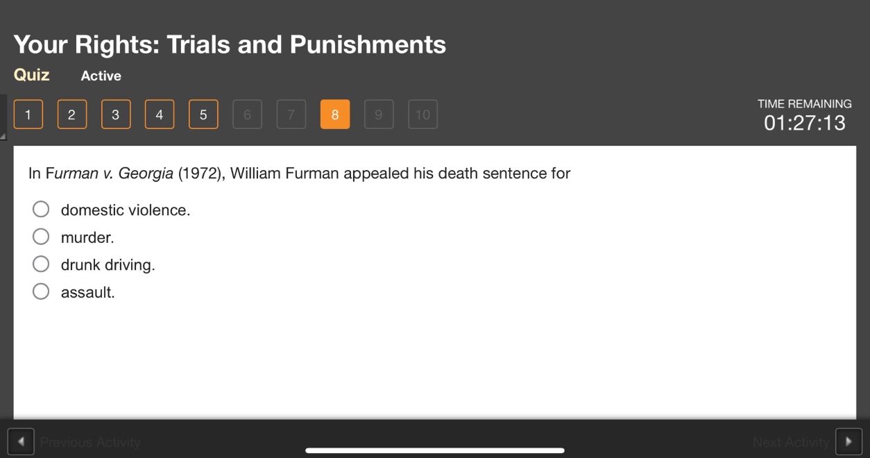 in furman v. georgia (1972), william furman appealed his death sentence for domestic violence. murder. drunk driving. assault.