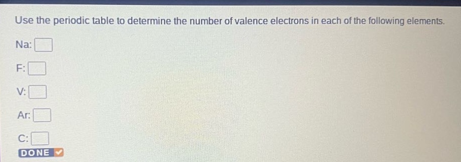 use the periodic table to determine the number of valence electrons in each of the following elements. na: f: v: ar: c: done