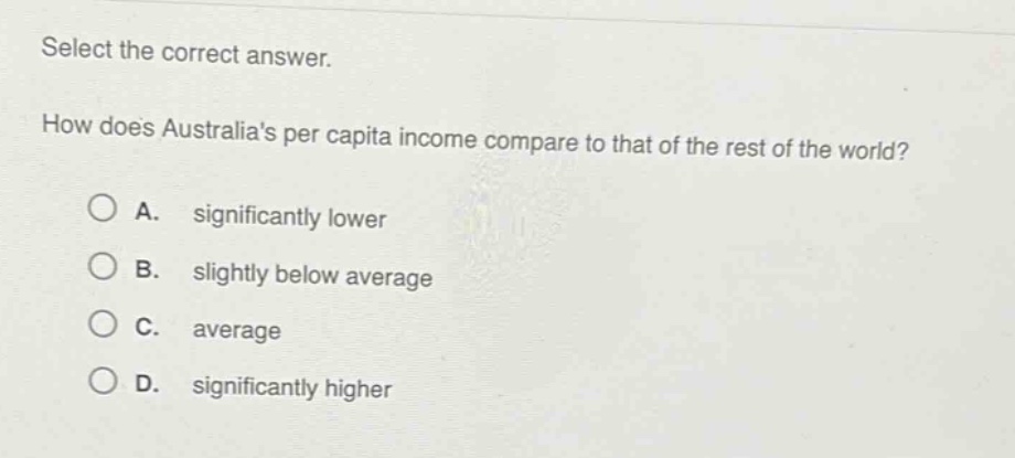 select the correct answer. how does australias per capita income compare to that of the rest of the world? a. significantly lower b. slightly below average c. average d. significantly higher