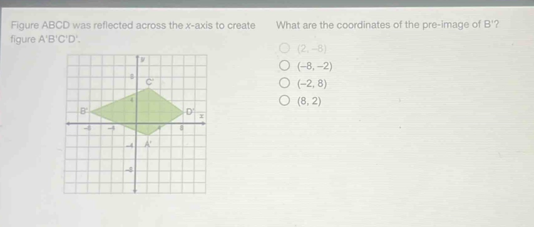 figure abcd was reflected across the x - axis to create figure abcd. what are the coordinates of the pre - image of b? (2, - 8) (-8, - 2) (-2, 8) (8, 2)
