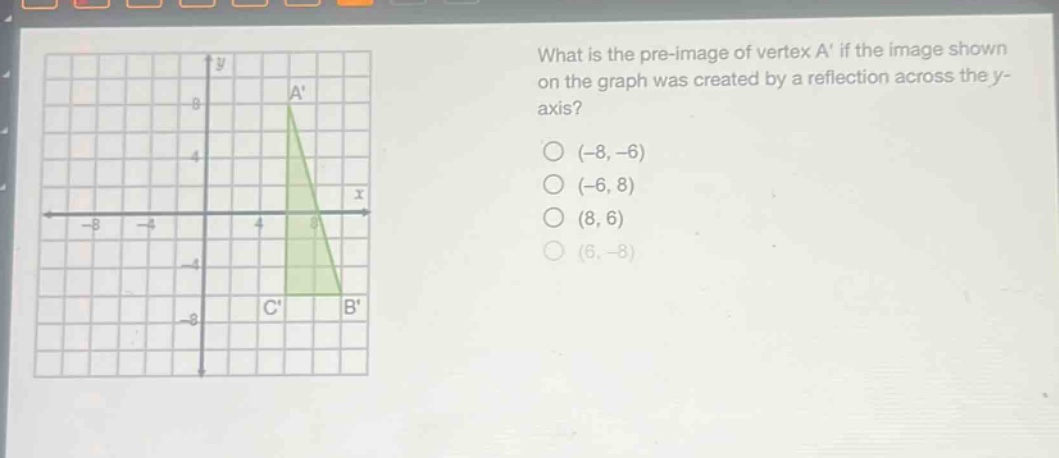 what is the pre - image of vertex a if the image shown on the graph was created by a reflection across the y - axis? (-8,-6) (-6,8) (8,6) (6,-8)