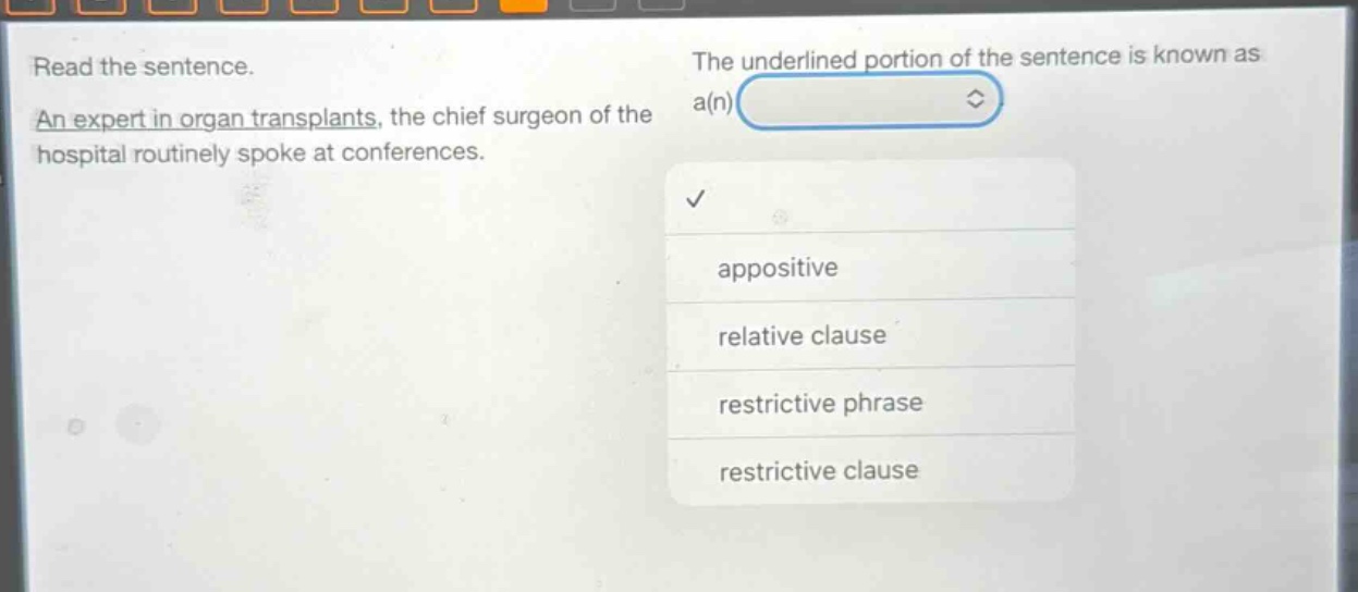 read the sentence. an expert in organ transplants, the chief surgeon of the hospital routinely spoke at conferences. the underlined portion of the sentence is known as a(n) appositive relative clause restrictive phrase restrictive clause