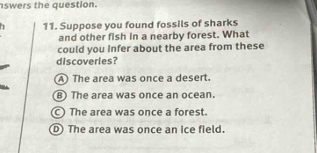 11. suppose you found fossils of sharks and other fish in a nearby forest. what could you infer about the area from these discoveries? a the area was once a desert. b the area was once an ocean. c the area was once a forest. d the area was once an ice field.