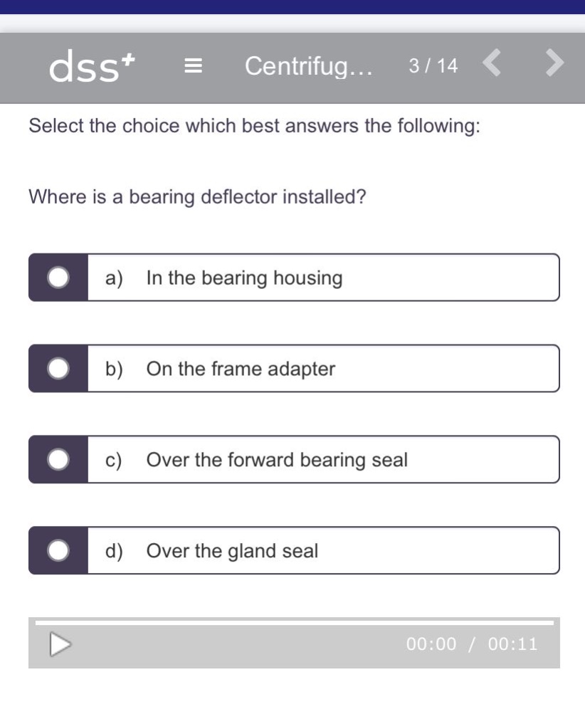 select the choice which best answers the following: where is a bearing deflector installed? a) in the bearing housing b) on the frame adapter c) over the forward bearing seal d) over the gland seal