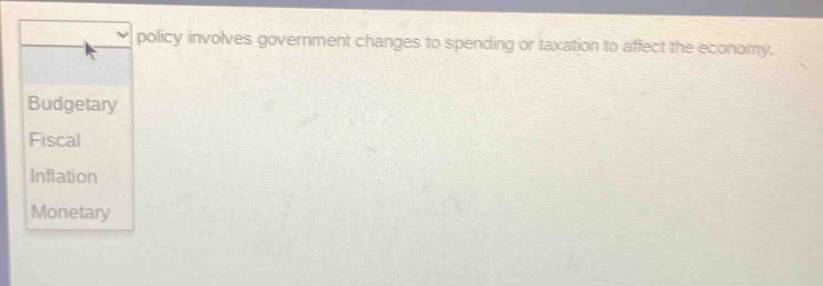policy involves government changes to spending or taxation to affect the economy. budgetary fiscal inflation monetary
