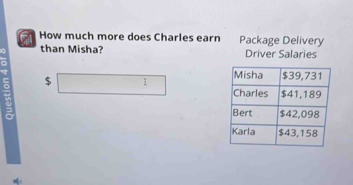 how much more does charles earn than misha? package delivery driver salaries misha $39,731 charles $41,189 bert $42,098 karla $43,158