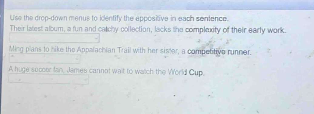 use the drop - down menus to identify the appositive in each sentence. their latest album, a fun and catchy collection, lacks the complexity of their early work. ming plans to hike the appalachian trail with her sister, a competitive runner. a huge soccer fan, james cannot wait to watch the world cup.