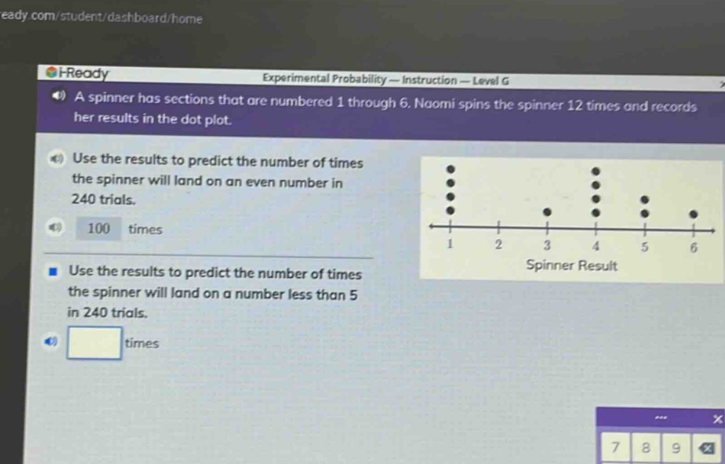a spinner has sections that are numbered 1 through 6. naomi spins the spinner 12 times and records her results in the dot - plot. use the results to predict the number of times the spinner will land on an even number in 240 trials. 100 times use the results to predict the number of times the spinner will land on a number less than 5 in 240 trials.