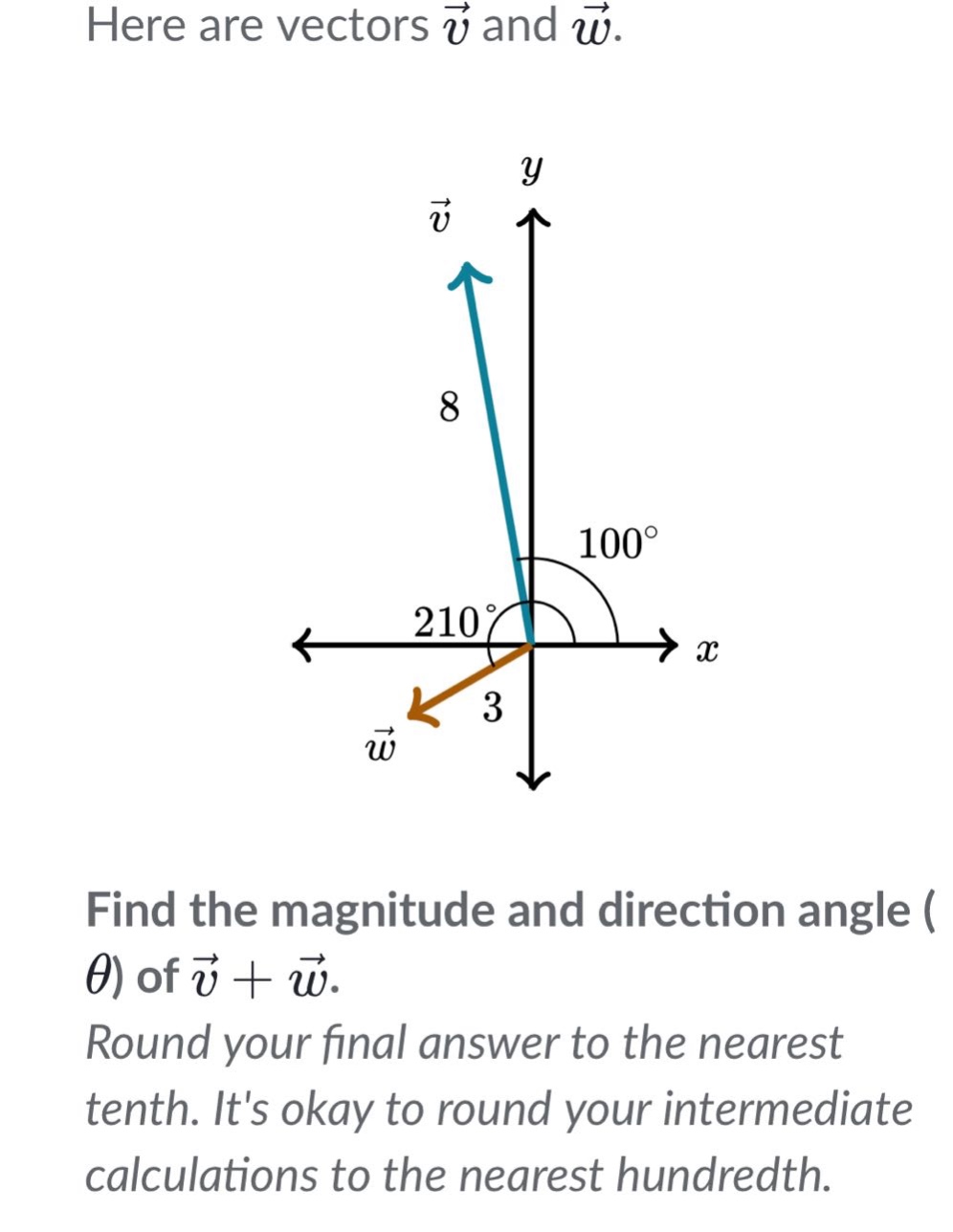 here are vectors ????⃗ and ????⃗. find the magnitude and direction angle (θ) of ????⃗ + ????⃗. round your final answer to the nearest tenth. its okay to round your intermediate calculations to the nearest hundredth.