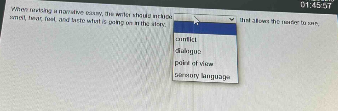 when revising a narrative essay, the writer should include smell, hear, feel, and taste what is going on in the story. that allows the reader to see, conflict dialogue point of view sensory language
