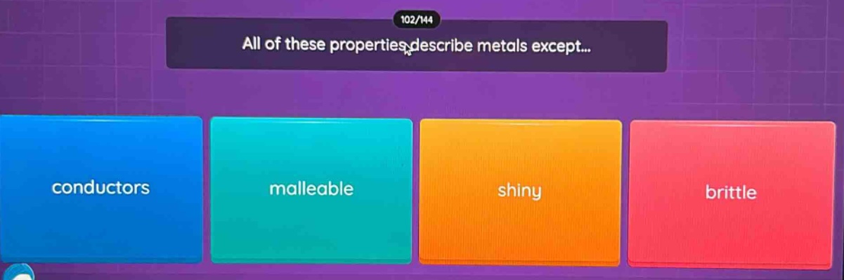all of these properties describe metals except... conductors malleable shiny brittle