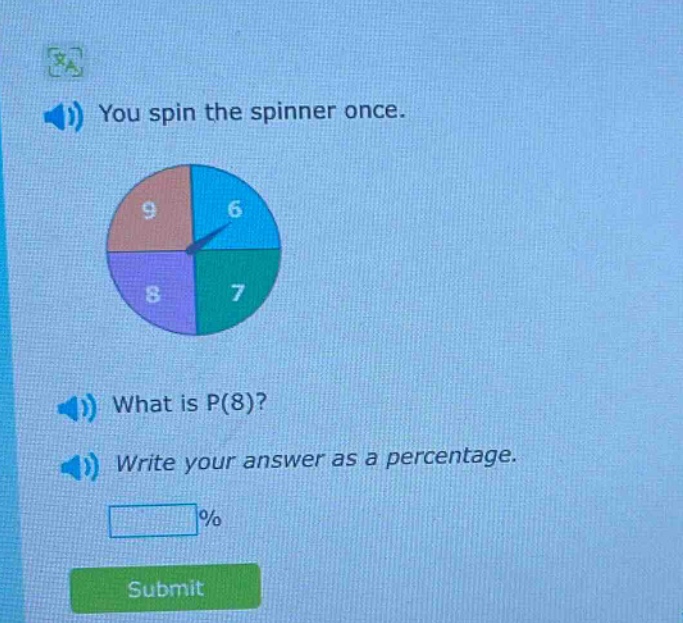 you spin the spinner once. what is p(8)? write your answer as a percentage. %