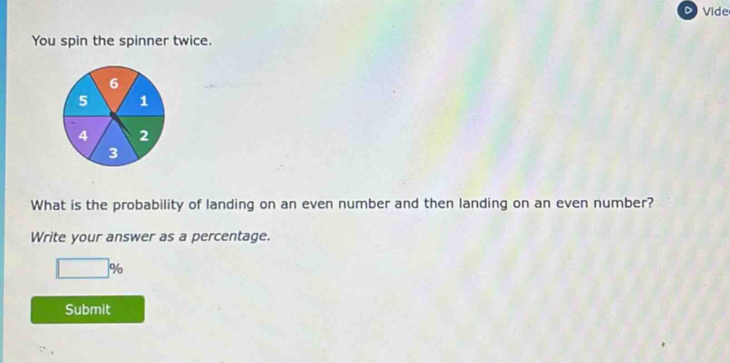 you spin the spinner twice. what is the probability of landing on an even number and then landing on an even number? write your answer as a percentage.