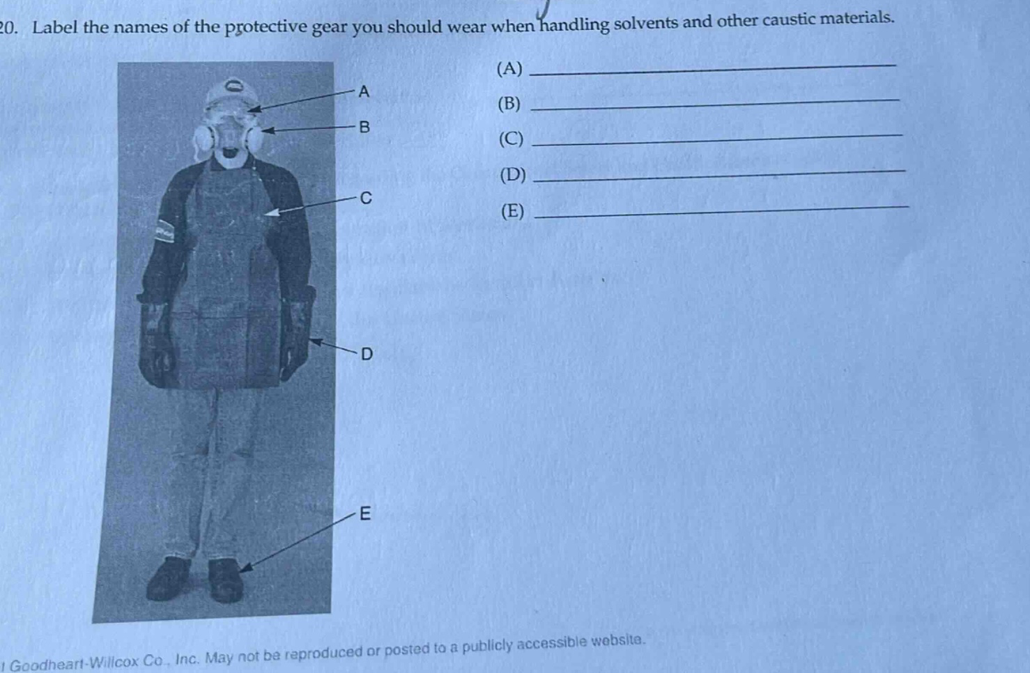 20. label the names of the protective gear you should wear when handling solvents and other caustic materials. (a) ____________ (b) ____________ (c) ____________ (d) ____________ (e) ____________